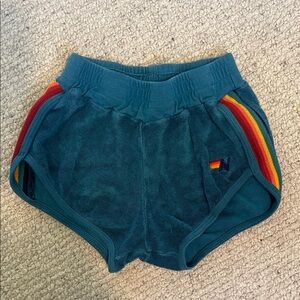 Aviator Nation Teal Kids Terry Shorts with Rainbow Accents